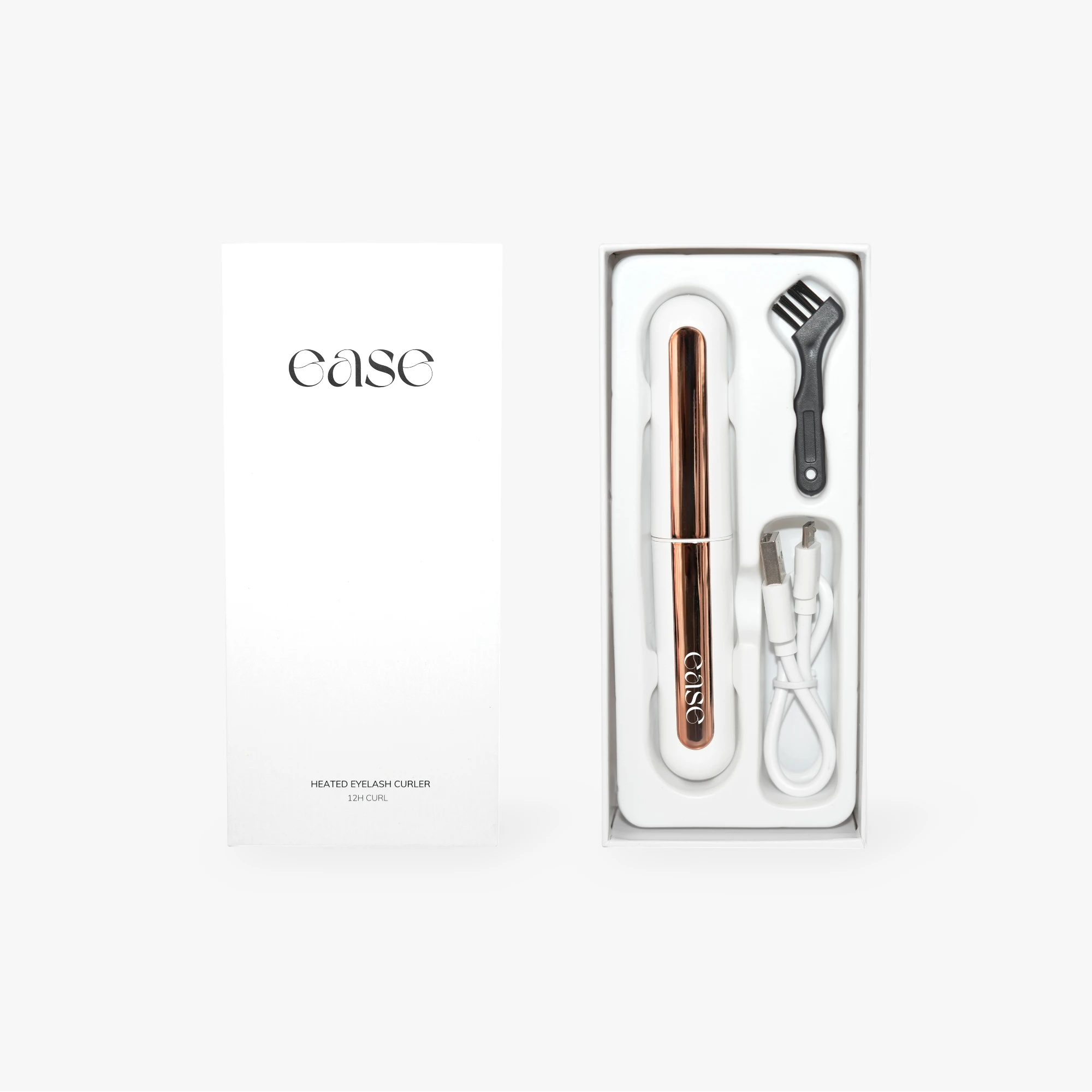 Eyelash curler kit with tools and 'ease' branding on a white background
