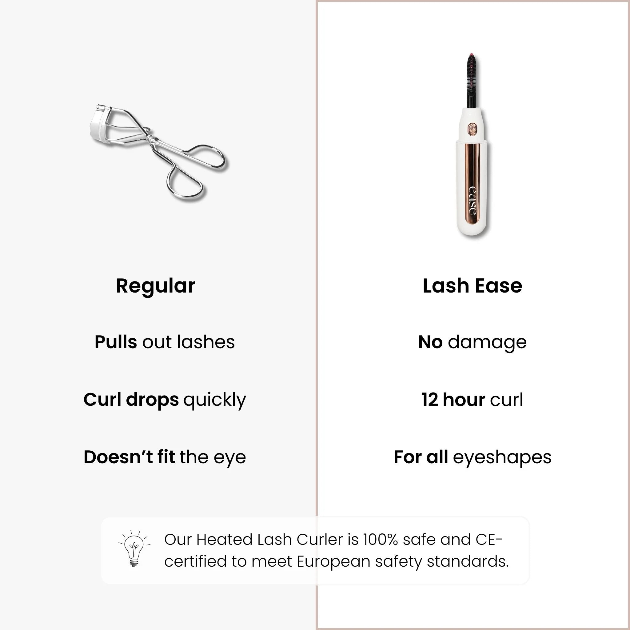 Comparison of a regular eyelash curler and a heated lash curler labeled 'Lash Ease'.
