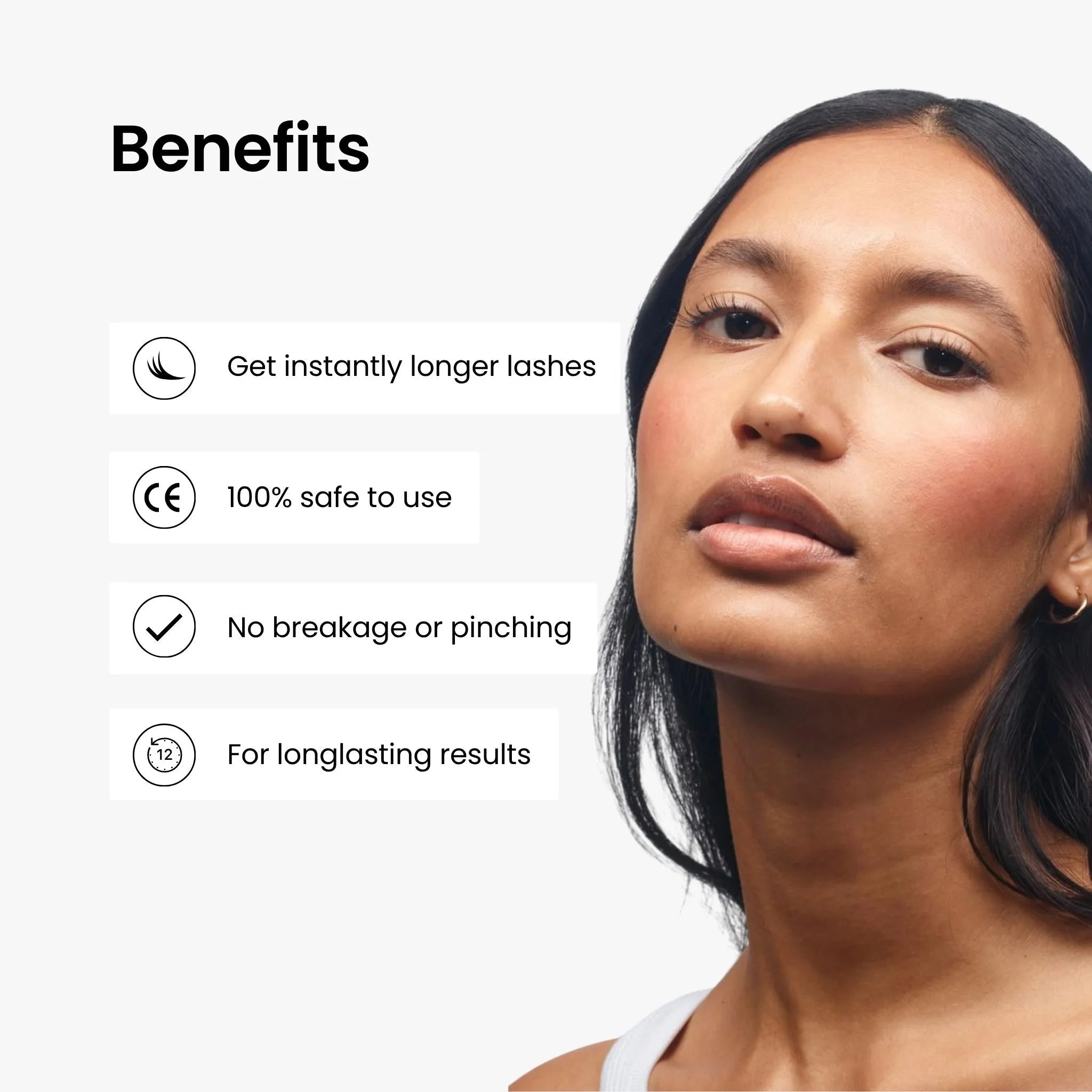 Woman with long lashes and lash curler benefits on a white background