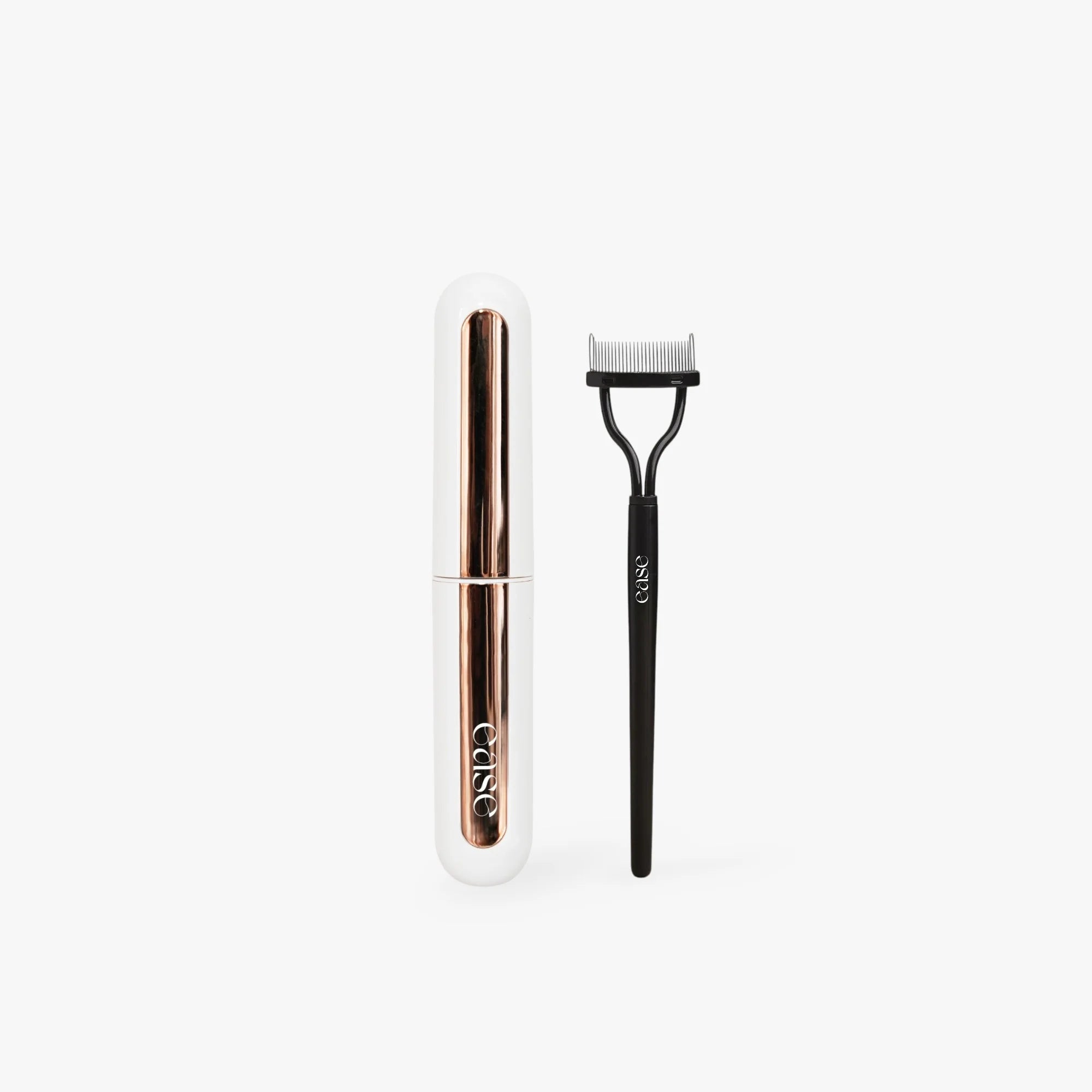 Eyelash tool set with rose gold and black components on a white background