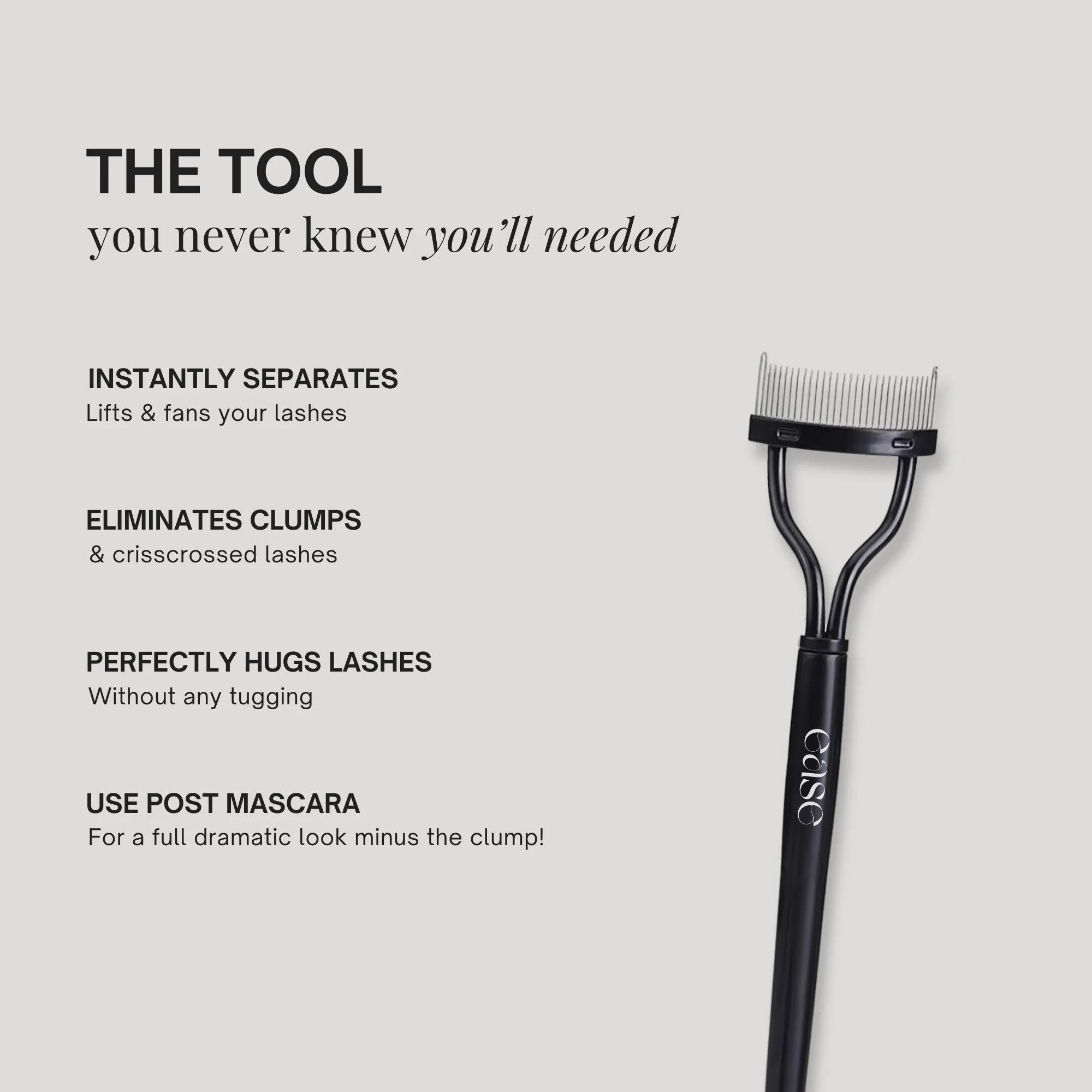 Lash separator with text describing its features on a light gray background
