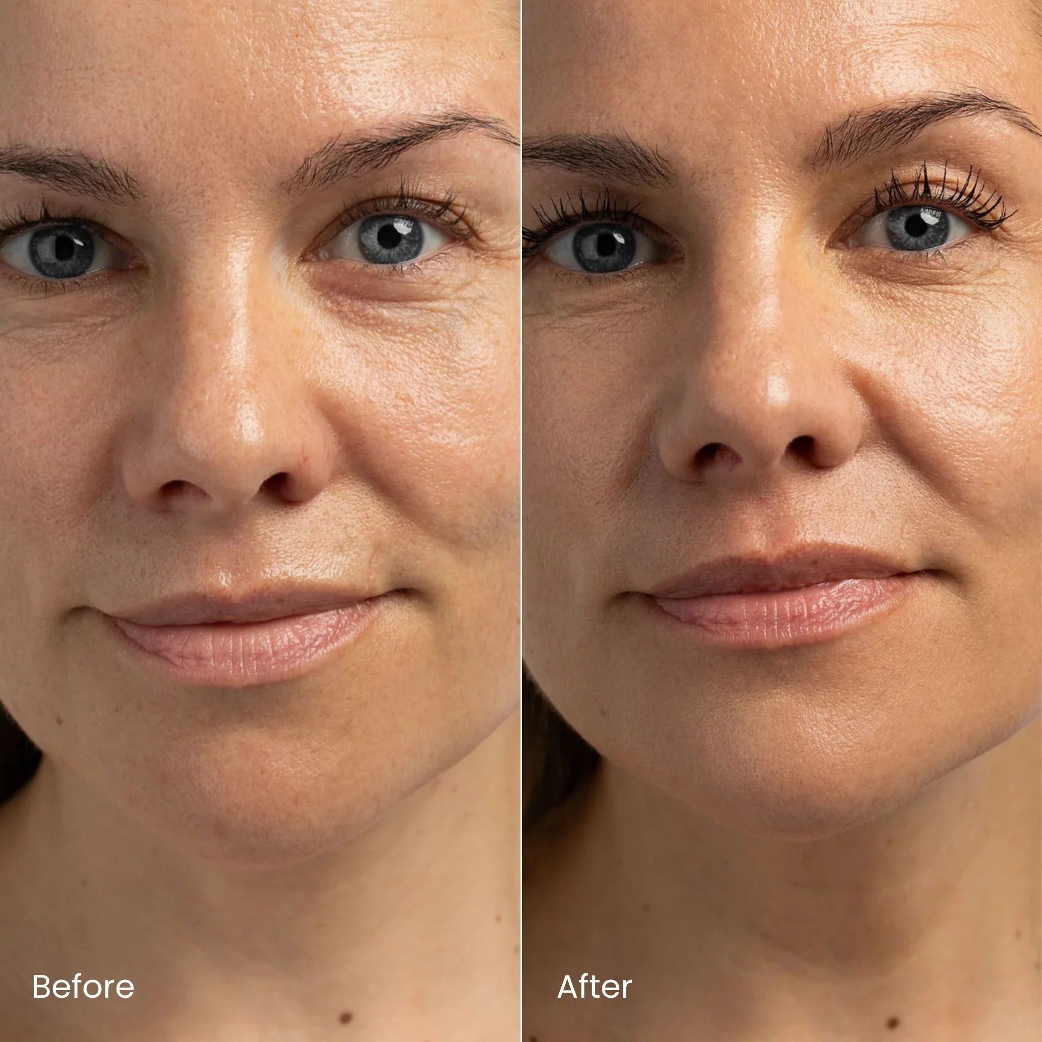 Before and after comparison of a woman's face with visible longer lashes.
