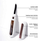 Heated eyelash curler tool with features highlighted on a white background