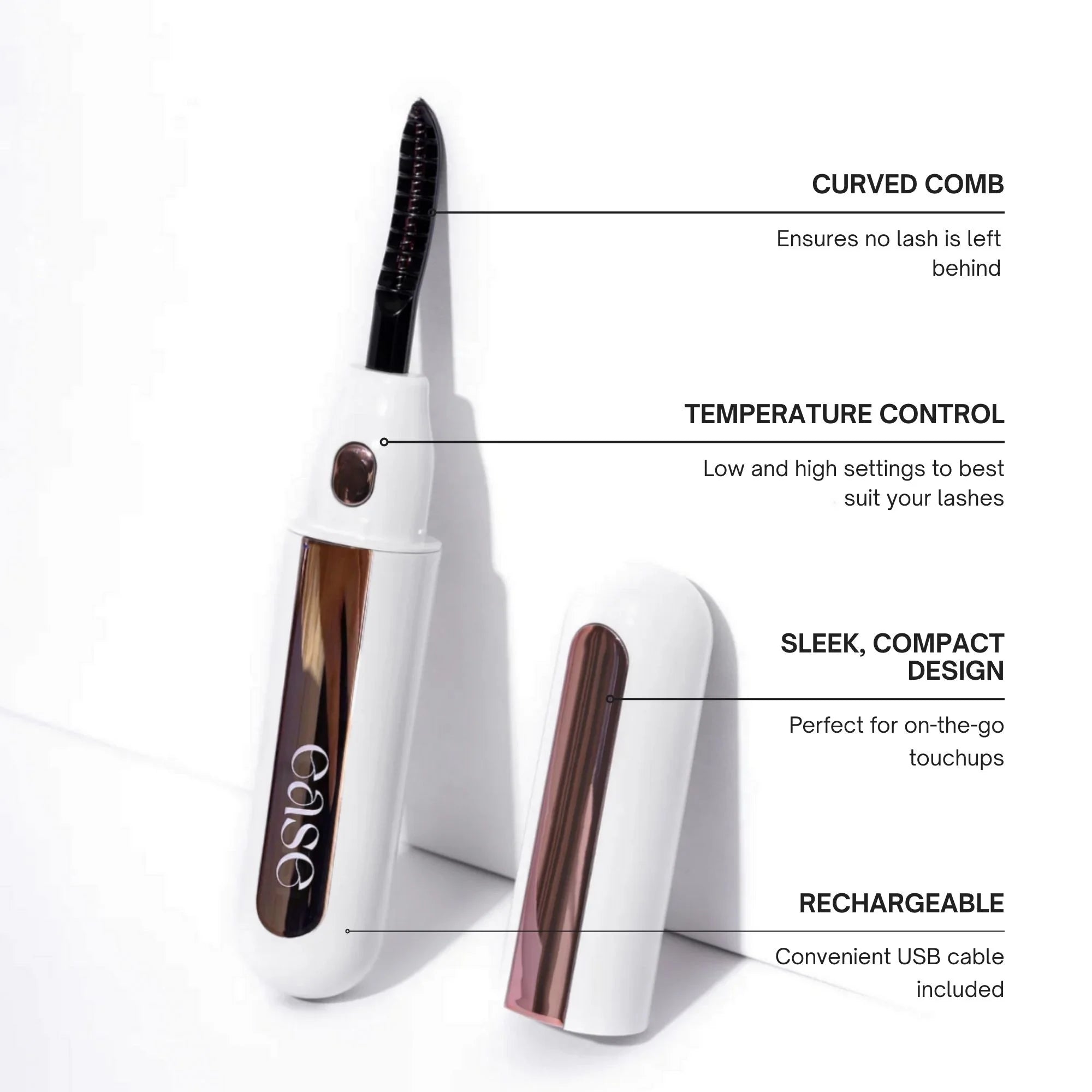 Heated eyelash curler tool with features highlighted on a white background