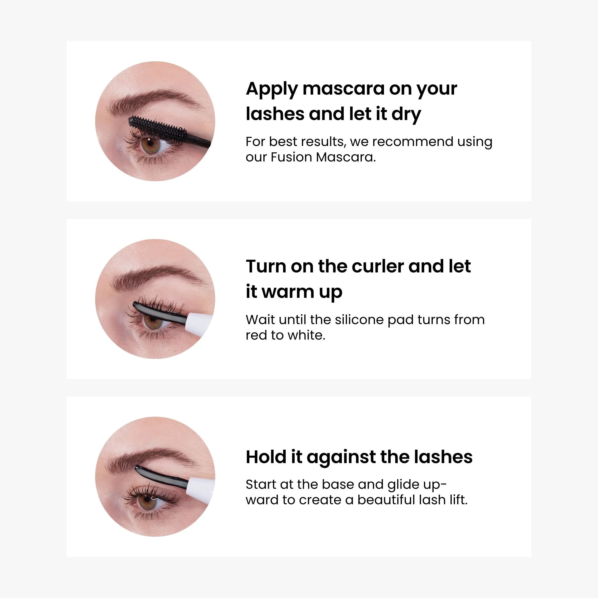 Instructions for using a lash curler with images of eyes and mascara application.